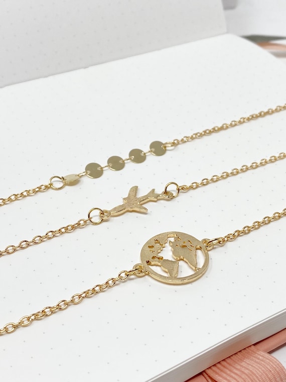 Travel Inspired Cute Set of Bracelets Golden Chain Plane Earth