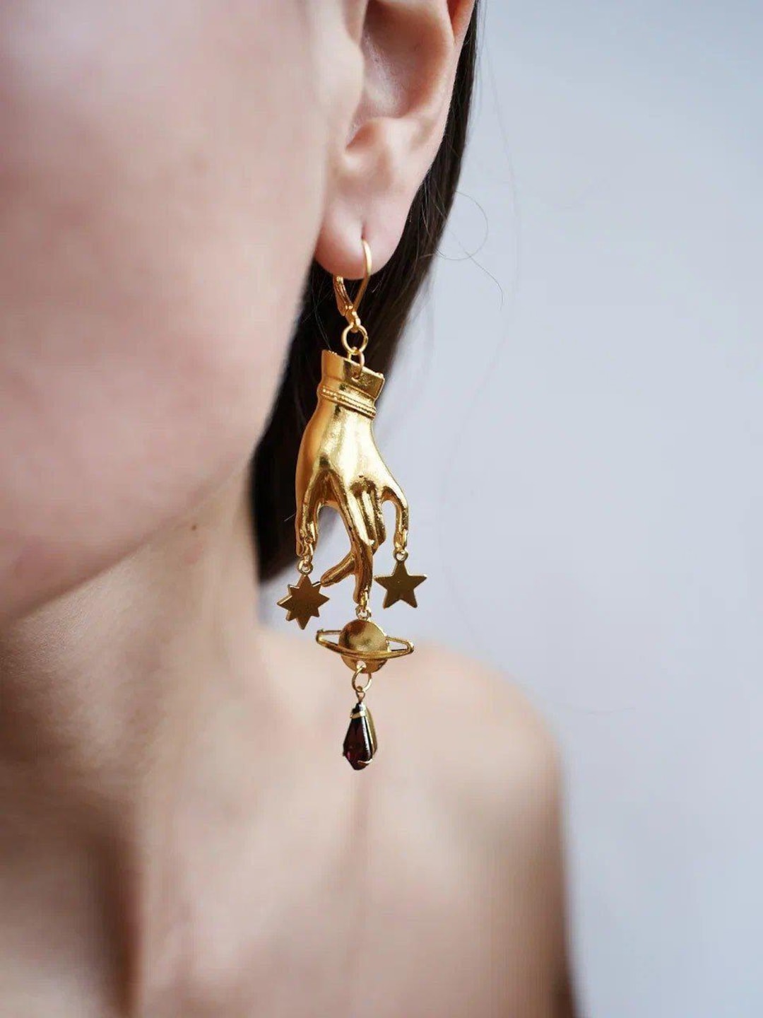 Purple Crystal Hand Palm Earrings, Gold Long Light Magic Exoteric