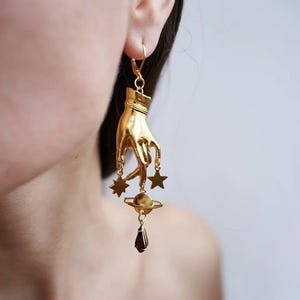 Purple Crystal Hand palm Earrings, Gold long Light Magic exoteric Astrology Drop Earrings, Gift For Her, Whimsical Earrings, Dangle Crystal