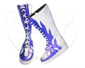 Stivali da wrestling personalizzati da uomo e da donna bianchi e blu, stivali da wrestling personalizzabili Pro Wrestling, stivali da wrestling Pro Wrestling in vera pelle di vacchetta al 100%