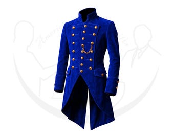 May include: A royal blue velvet tailcoat with gold-colored buttons and a decorative chain. The coat features a high collar, long sleeves with buttoned cuffs, and a split tail design. This formal jacket is suitable for cosplay or special events.