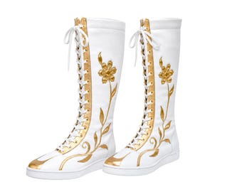 Handmade Golden White Wrestling Long Boots With Side Flowers, Knee High Pro Wrestling Performance Gear Leather Boots For Men Women