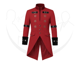 Red Brocade Steampunk Tailcoat For Men's: Gothic Victorian Wedding Coat