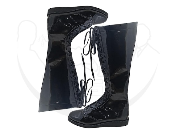 Pro Wrestling Black Boots For Men's Women, Patent Black Leather Long Shoes, Adjustable Laces Boot, Shiny Wrestling Footwear, Customize Boots