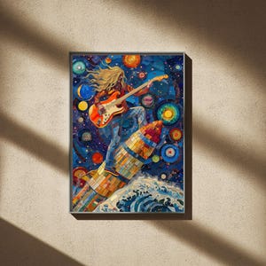 Stampa murale Rock and Roll, tela con suonatore di chitarra, stampa musicale, regalo per inaugurazione della casa, arte murale con oceano, stampa di album, poster di surf, poster di razzo