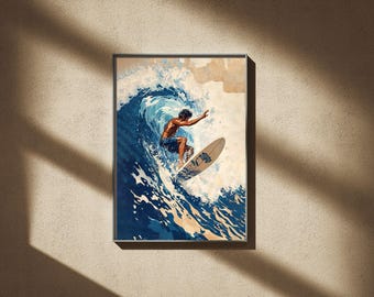 日本のサーファーガールのアートプリント：レトロな海の波のポスター