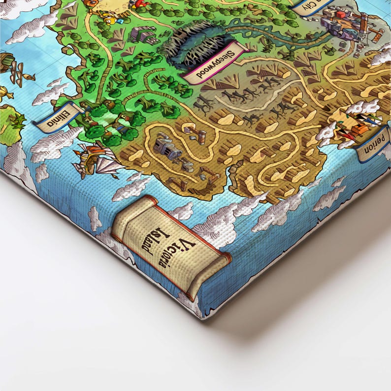 Puede incluir: Un mapa colorido de estilo caricatura de la Isla Victoria, con ilustraciones detalladas de varios lugares como Ellinia, Sleepywood y Perion. El mapa est&aacute; bordeado por un cielo azul claro con nubes blancas y esponjosas, y el t&iacute;tulo "Victoria Island" se muestra en un pergamino.
