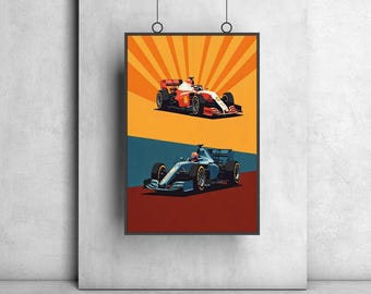 May include: A retro-style poster featuring two Formula One race cars. The top car is red and white, while the bottom car is blue and white. Both cars are set against a background of yellow and orange rays.