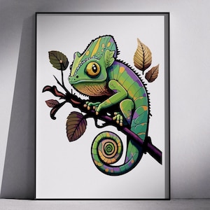 Op de afbeelding: Een levendige illustratie van een kameleon op een tak, tegen een witte achtergrond. De kameleon is afgebeeld in tinten groen, paars en geel, met gedetailleerde schubben en een gekrulde staart. Bruine bladeren en een donkere tak maken het kunstwerk compleet.