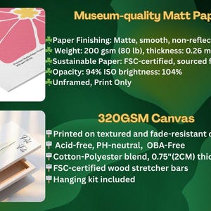 Puede incluir: Imagen que muestra papel mate de calidad de museo y opciones de lienzo de 320GSM. El papel mate tiene un acabado mate, un peso de 200 g/m&sup2; y proviene de Jap&oacute;n. El lienzo est&aacute; impreso en material texturizado resistente a la decoloraci&oacute;n con un grosor de 2 cm e incluye un kit para colgar.