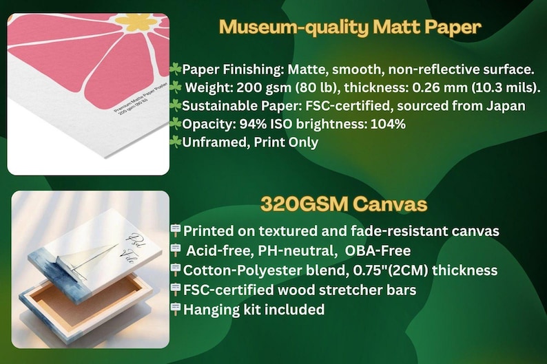 Puede incluir: Imagen que muestra papel mate de calidad de museo y opciones de lienzo de 320GSM. El papel mate tiene un acabado mate, un peso de 200 g/m&sup2; y proviene de Jap&oacute;n. El lienzo est&aacute; impreso en material texturizado resistente a la decoloraci&oacute;n con un grosor de 2 cm e incluye un kit para colgar.