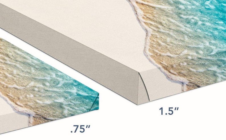 May include: Two canvas prints of a beach scene with ocean waves and sand. The smaller print is 0.75 inches thick and the larger print is 1.5 inches thick.