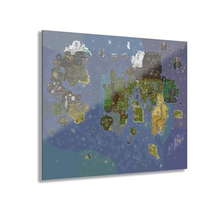 May include: A rectangular wall art print featuring a detailed fantasy world map. The map displays various landmasses, islands, and continents surrounded by vast blue oceans. The terrain includes green forests, snowy white peaks, and desert regions.