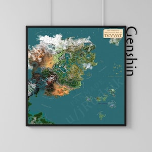 May include: A framed map of Teyvat, a fantasy world. The map features detailed illustrations of landscapes, bodies of water, and geographical features. The text "THE COMPLETE SPECULATIVE MAP OF TEYVAT" is visible. The frame is black.