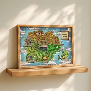 Puede incluir: Un mapa enmarcado de la Isla Victoria, con una ilustración detallada y colorida de un paisaje de fantasía. El mapa incluye ubicaciones etiquetadas como Kerning City y Sleepywood, con un marco de madera.