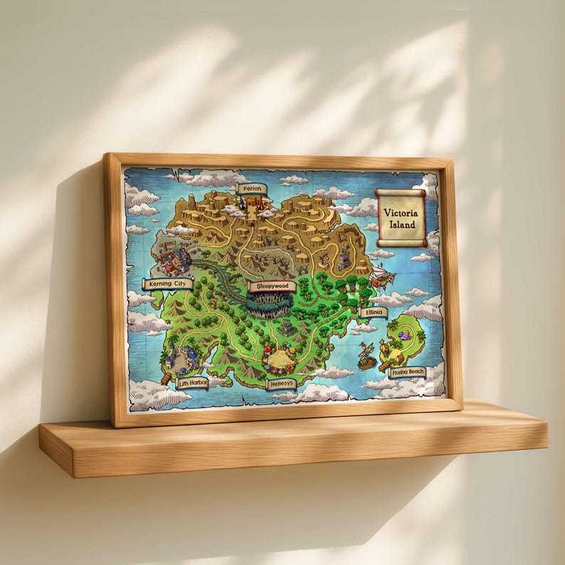 Puede incluir: Un mapa enmarcado de la Isla Victoria, con una ilustraci&oacute;n detallada y colorida de un paisaje de fantas&iacute;a. El mapa incluye ubicaciones etiquetadas como Kerning City y Sleepywood, con un marco de madera.