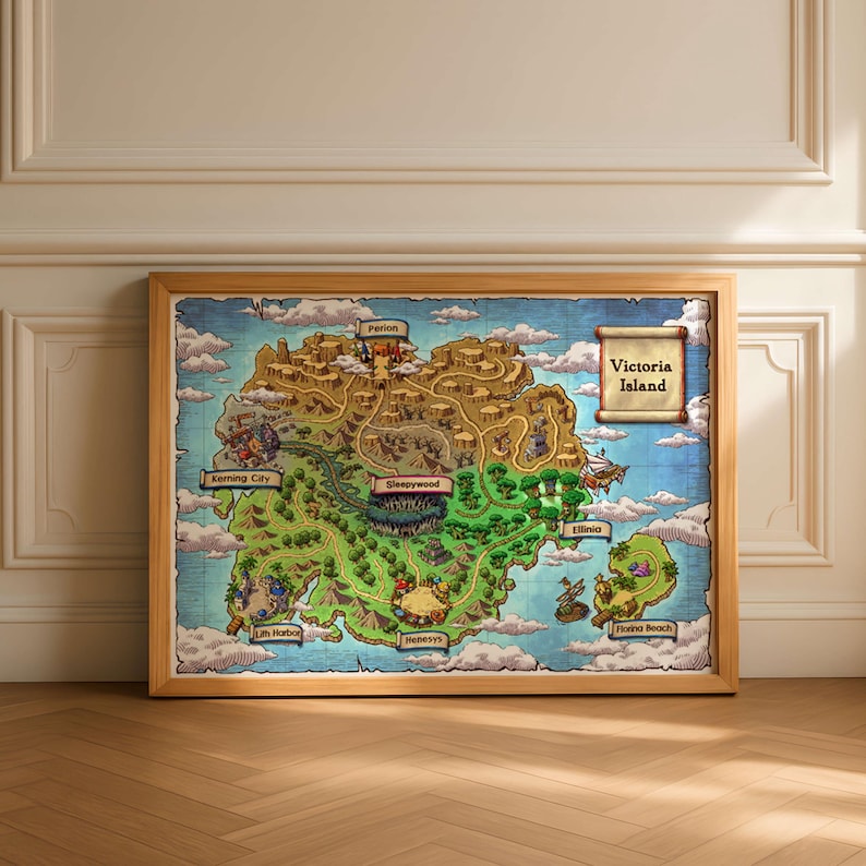 Puede incluir: Un mapa enmarcado de la Isla Victoria, con una ilustraci&oacute;n detallada y colorida del paisaje de la isla. El mapa incluye ubicaciones etiquetadas como Kerning City, Sleepywood y Perion, con un pergamino que dice "Victoria Island". El marco es de madera clara.