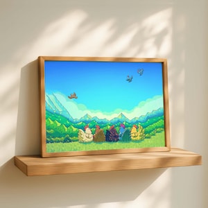 May include: A framed art print featuring a cartoon landscape with a blue sky, green hills, and several chickens in a row. The chickens are various colors, including white, brown, black, blue, and yellow. A wooden shelf supports the framed print.