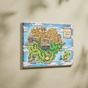Puede incluir: Un mapa colorido de la Isla Victoria, con varias ubicaciones como Kerning City, Sleepywood y Helios. El mapa est&aacute; ambientado en un cielo azul con nubes e incluye el texto "Victoria Island".