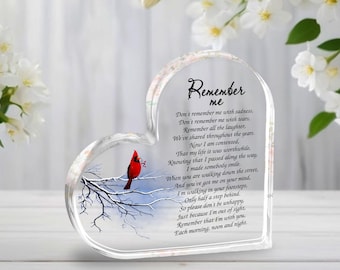 Placa Memorial em Acrílico em Formato de Coração com Poema "Lembre-se de Mim", Presente de Condolências pela Perda de um Ente Querido, Lembrança em Memória de um Cardeal, Recordação de Luto