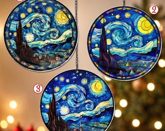 Adorno colgante de ventana de acrílico de noche estrellada, arte de Van Gogh de acrílico de noche estrellada, recuerdo de Van Gogh, regalo de temporada, decoración del hogar