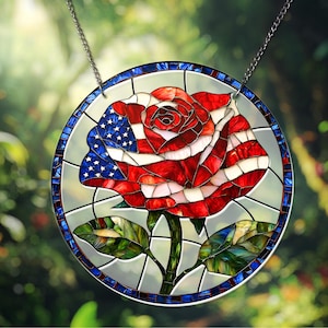 Patriotic Rose ACRYLIC Window Hanging Decor American Flag Acrylic Sun Catcher 4th of July Window Decor Patriotic Gift Independence Day