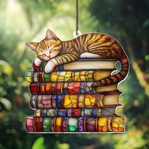 Katzen Buch ACRYL Fenster hängen Dekor Ornament, Faule Katze Acryl Fenster hängen, Buch Fenster Dekor, Buch-Liebhaber-Geschenk, Katzen-Liebhaber-Geschenk, Bücherwurm