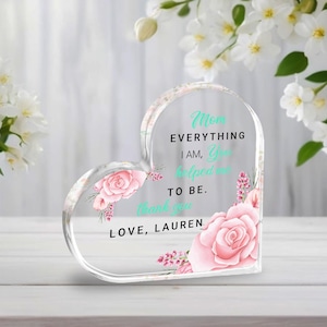 Placa de acrílico personalizada com coração de agradecimento à mãe, presente personalizado de Dia das Mães para filha e filho, presente de aniversário para mãe, presente de carta para mãe