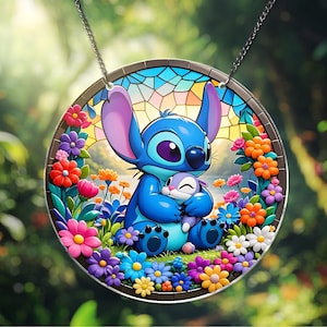 ACRYLIC Ohana Stitch Family Personalized Monster with Flower Window Hanging Suncatcher , Colorful Hawaii Monster Hanging, Mother&#39;s Day Gift