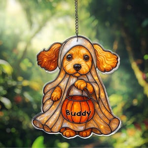Personalized Halloween Dog Acrylic Window Hanging Decor Cute Ghost Puppy Custom Pet Name Halloween Decor Trick or Treat Dog Halloween Gift