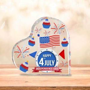 4th of July Acrylic Heart Plaque Independence Day Gift Patriotic Fireworks Decor USA Flag Desktop Ornament USA Heart Acrylic Plaque