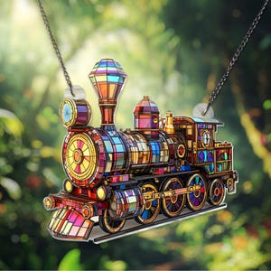 May include: A colourful stained glass train ornament with a red, yellow, blue and green colour scheme. The train has a large, round window and a bell on top. The ornament is hanging from a silver chain.