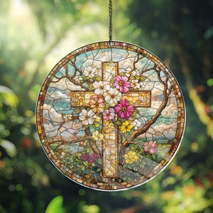Cross And Wild Flower ACRYLIC Window hanging Suncatcher Christian Acrylic Decor Flower Cross Gift For Religious Christian Faith Home Decor