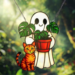 Cute Ghost Plant And Cat ACRYLIC Window Hanging, Ghost Monstra Suncatcher, Hangings Plant Lover Gift, Cat Lover, Mom Gift, Halloween Decor