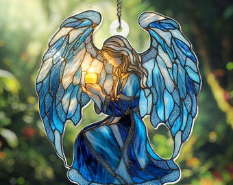 芸術品！天使 の翼 イタリア アンティークステンドグラス 流木アート クリスマス 青い翼を持つ祈りの天使のステンドグラス - 手作りのスピリチュアルな