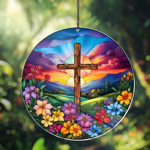 Cross Christian ACRYLIC Window Hanging Suncatcher Decor, Cross Christian Flowers, Christian Easter Decor, Religious Cross Suncatcher Gifts