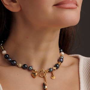 Choker Necklace with Black and White Freshwater Pearls, Hematite, Shell Pearl, and Faceted Glass – Handmade Jewelry