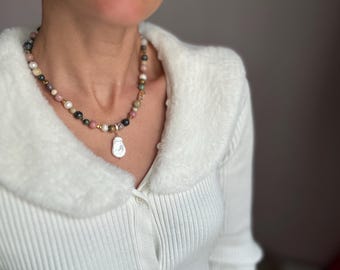 Raw Jasper & Freshwater Pearl Necklace, Natural Stone Pendant Necklace, Gold Accent Jewelry