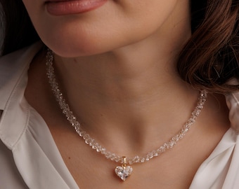 Minimalist Crystal Heart Necklace – Transparent Pendant, Gold-Plated Brass & Steel, Handmade