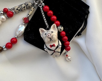 Ceramic Pug Keychain - Handmade Dog Bag Charm with Gemstones