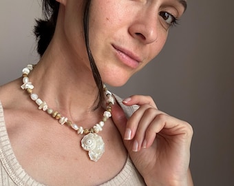 ハンドメイドパールシェルネックレス | 18インチ ボヘミアンビーチ