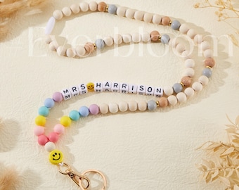 Personalized BOHO Lanyard Rainbow Beaded For Teachers, Smiley Custom Lanyard Keyring Teacher Gift For Her Nurse ID Holder & Breakaway Buckle