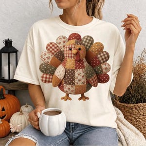 Patchwork Turkey PNG, Thanksgiving Sublimation Design, Faux Embroidered Turkey Shirt PNG, Cute Fall DTF Transfer Digital Download
