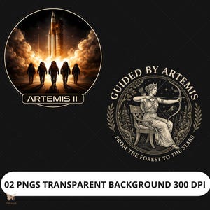Artemis II PNG Bundle, Guided By Artemis PNG, Space Mission Mythology Shirt Designs
