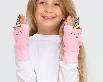 Unicorn Pink 3D Embroidered Polar Girls&#39; Gloves