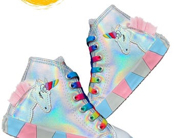 Grey Holographic Unicorn Girls&#39; Sneakers - Orthopedic Sole, High Top, Side Zipper, (Light-Up TO SİZE 30)