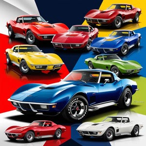 Puede incluir: Una colección de ocho coches deportivos Chevrolet Corvette vintage en varios colores, incluyendo rojo, amarillo, azul, verde y blanco. Los coches están dispuestos en un patrón circular sobre un fondo colorido.