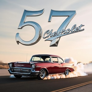 May include: A red 1957 Chevrolet Bel Air classic car with chrome accents, driving on a paved road and leaving a trail of smoke behind it. The car has a chrome '57 Chevrolet' emblem on the front.