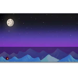 May include: A rectangular mousepad featuring a pixelated night scene. The design includes a full moon, stars, mountains, and a small house. The color palette transitions from dark blue to purple, with a light blue border.