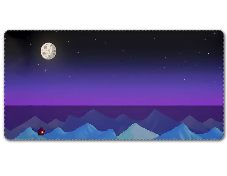 May include: A rectangular mousepad featuring a pixelated night scene. The design includes a full moon, stars, mountains, and a small house. The color palette transitions from dark blue to purple, with a light blue border.